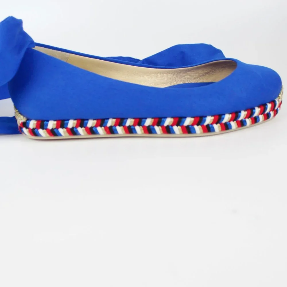 NEW Christian Louboutin Espadrilles Flats with Ribbon Ties, Canvas, Blue, EU 37
